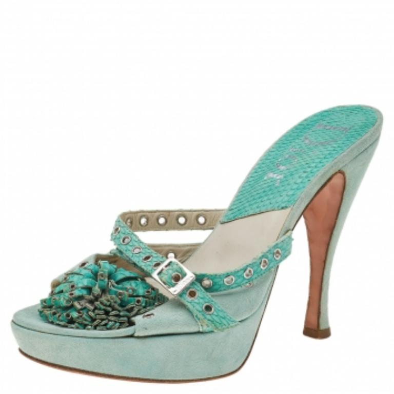 Gray Dior Aqua Python Embossed Leather Eyelet Detail Platform Slide Sandals Size 39