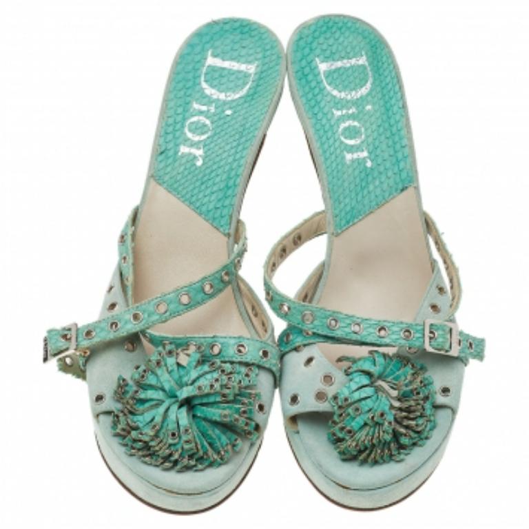 Women's Dior Aqua Python Embossed Leather Eyelet Detail Platform Slide Sandals Size 39