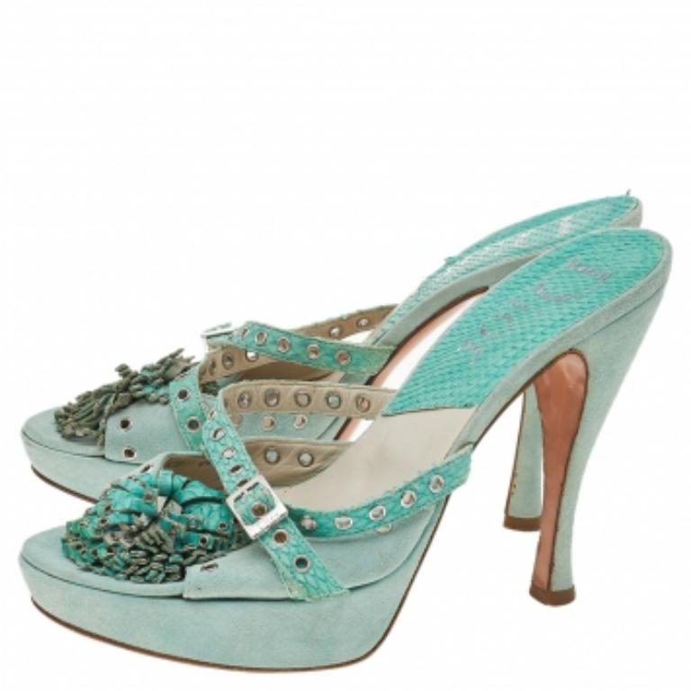 Dior Aqua Python Embossed Leather Eyelet Detail Platform Slide Sandals Size 39 2