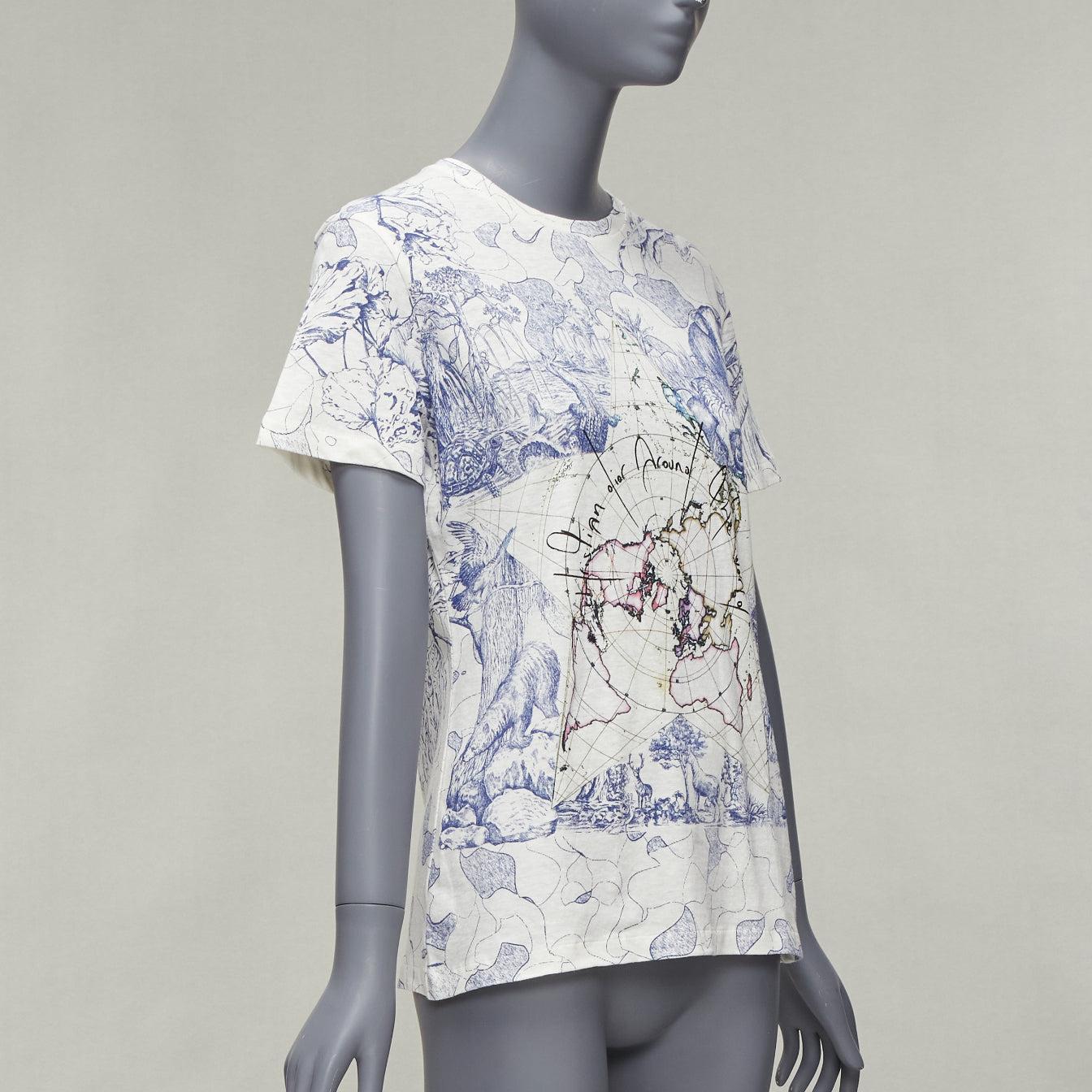 DIOR Around The World Fantaisie blue white print cotton linen tshirt XS In Excellent Condition For Sale In Hong Kong, NT
