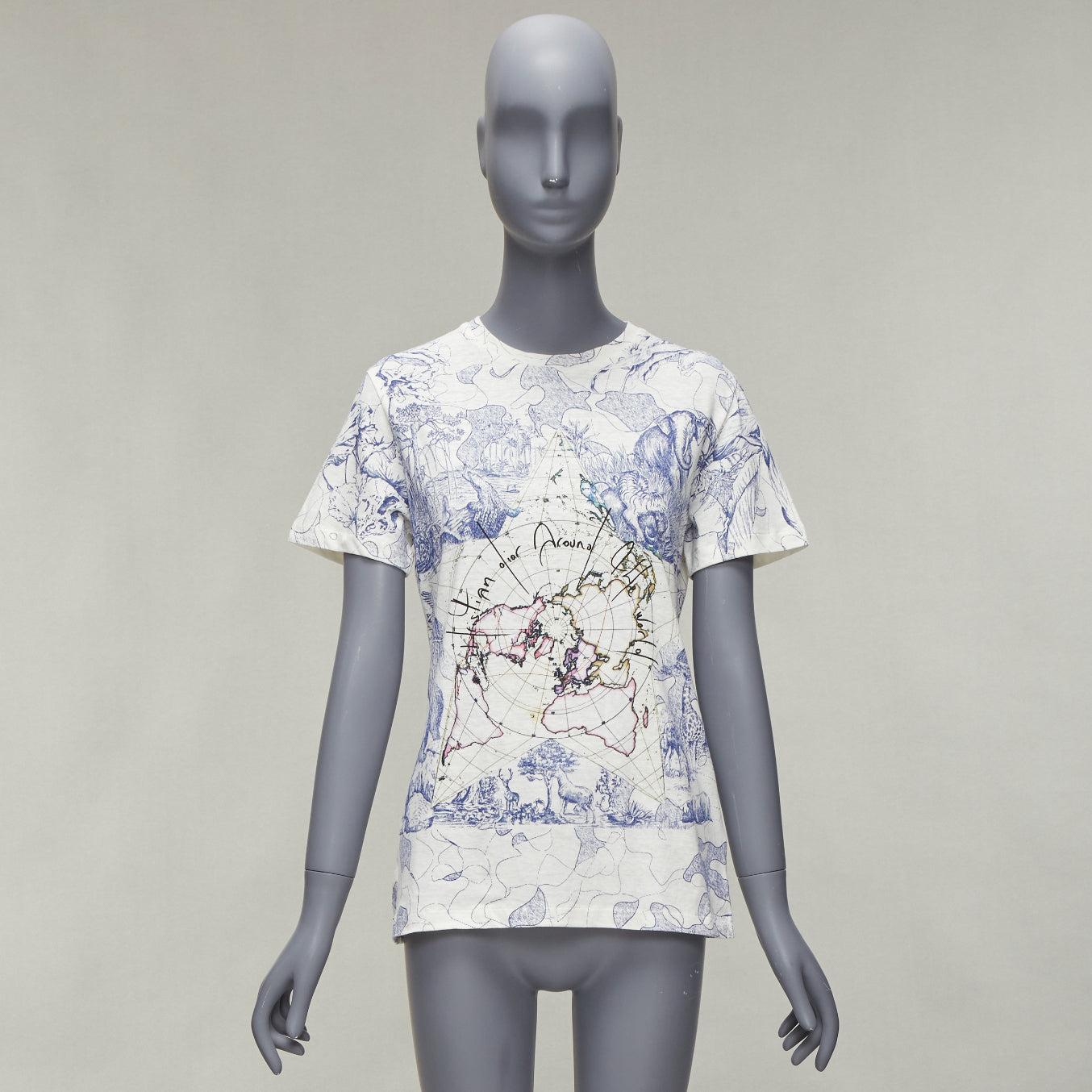 DIOR Around The World Fantaisie blue white print cotton linen tshirt XS 5