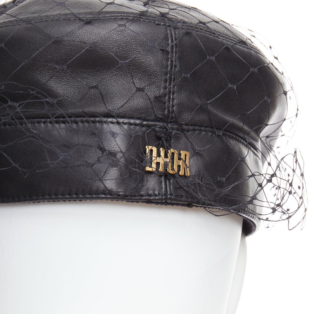 Black DIOR Arty black soft leather mesh veil CD bee lined newsboy hat