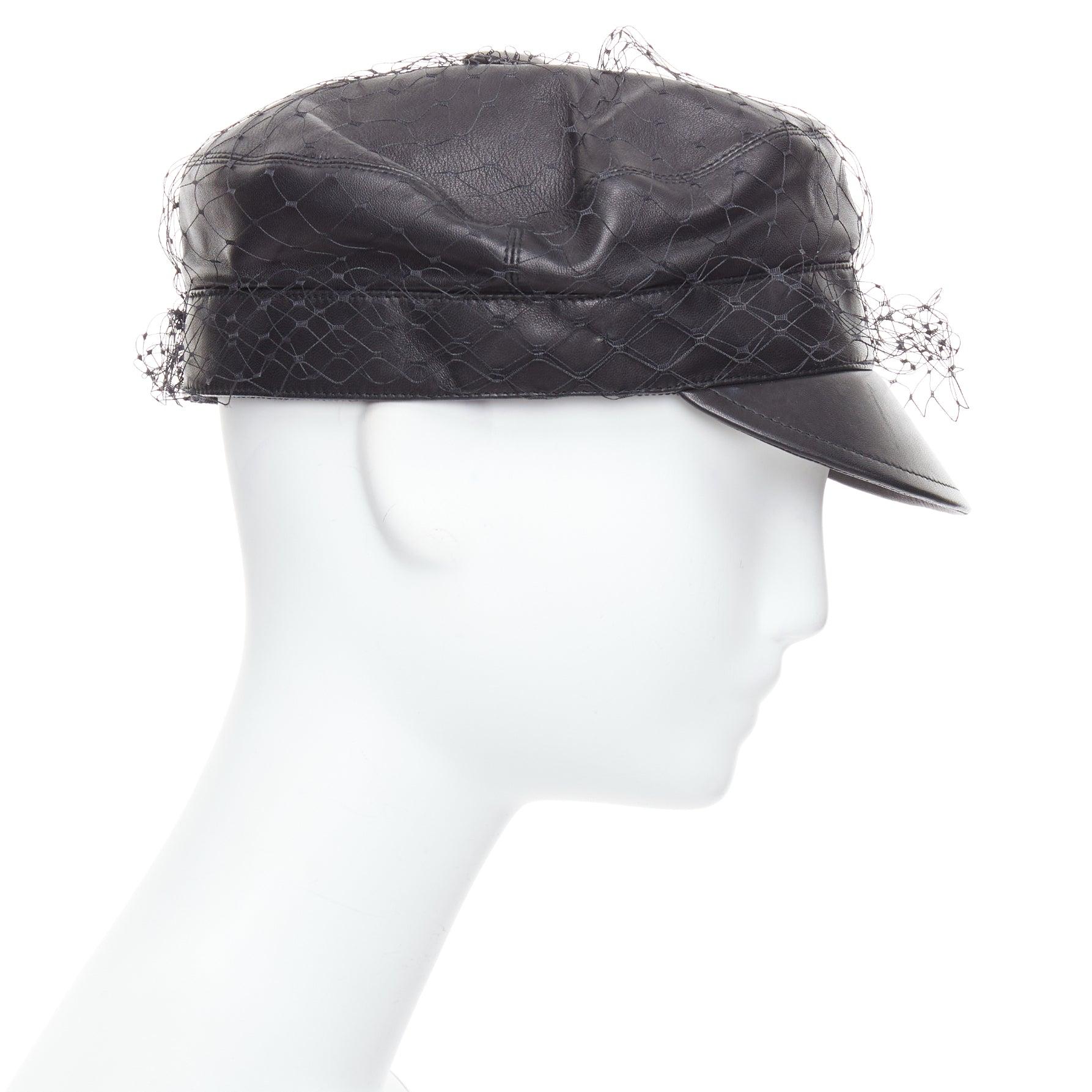 DIOR Arty black soft leather mesh veil CD bee lined newsboy hat In Good Condition In Hong Kong, NT