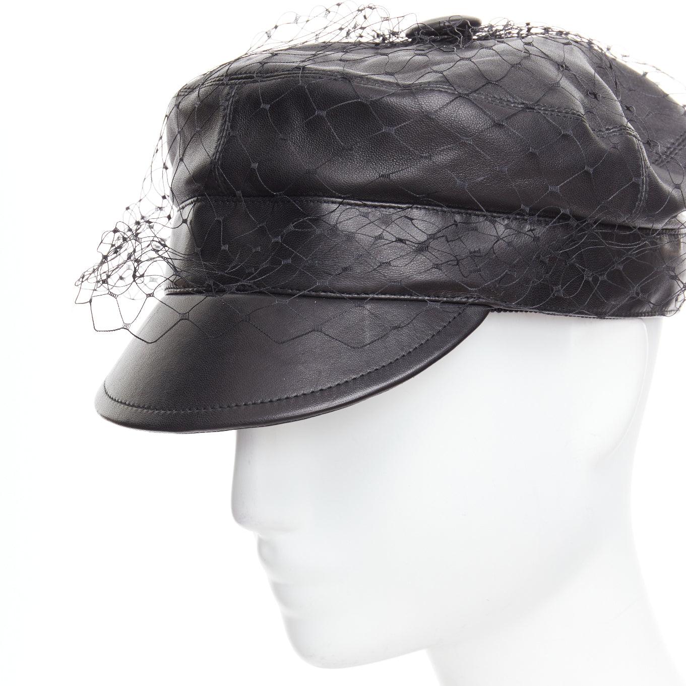 DIOR Arty black soft leather mesh veil CD bee lined newsboy hat 2