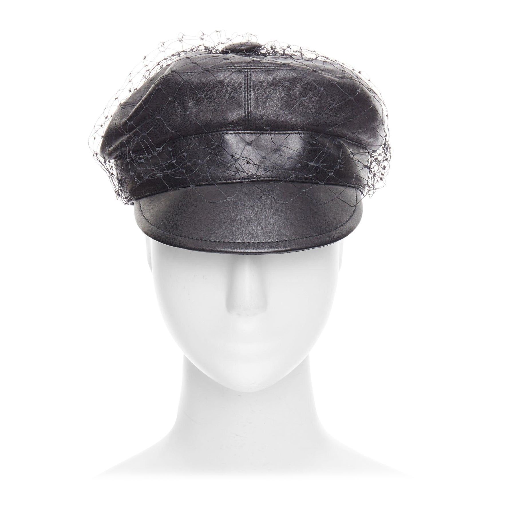 DIOR Arty black soft leather mesh veil CD bee lined newsboy hat