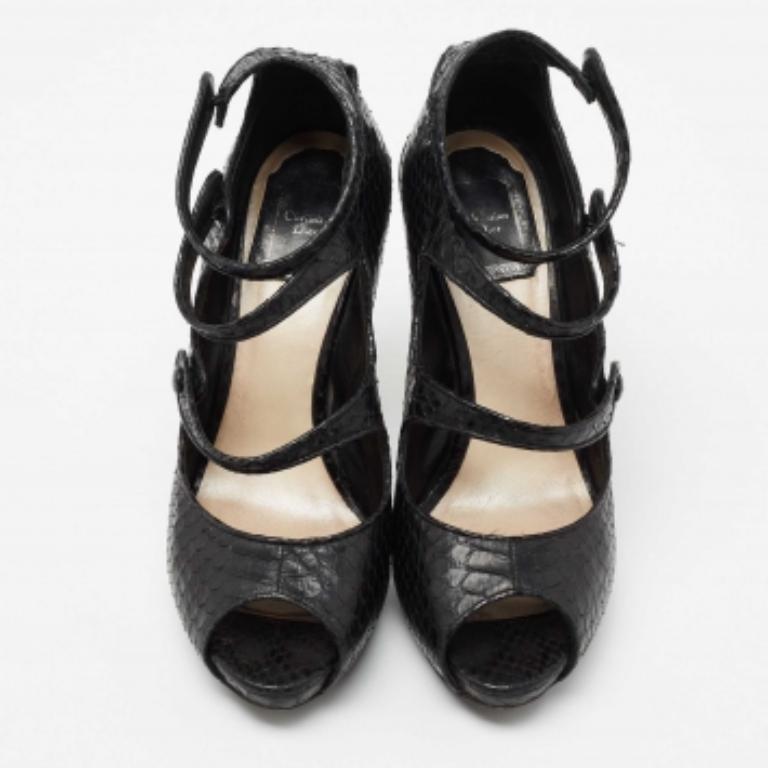 Dior Zurück Python Leder Riemchen Peep Toe Plateau Sandalen Größe 37 im Angebot 1