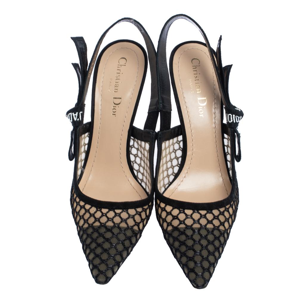 Dior Balck Mesh bestickte Schleife J'Adior Slingback-Sandalen Größe 37,5 (Schwarz)