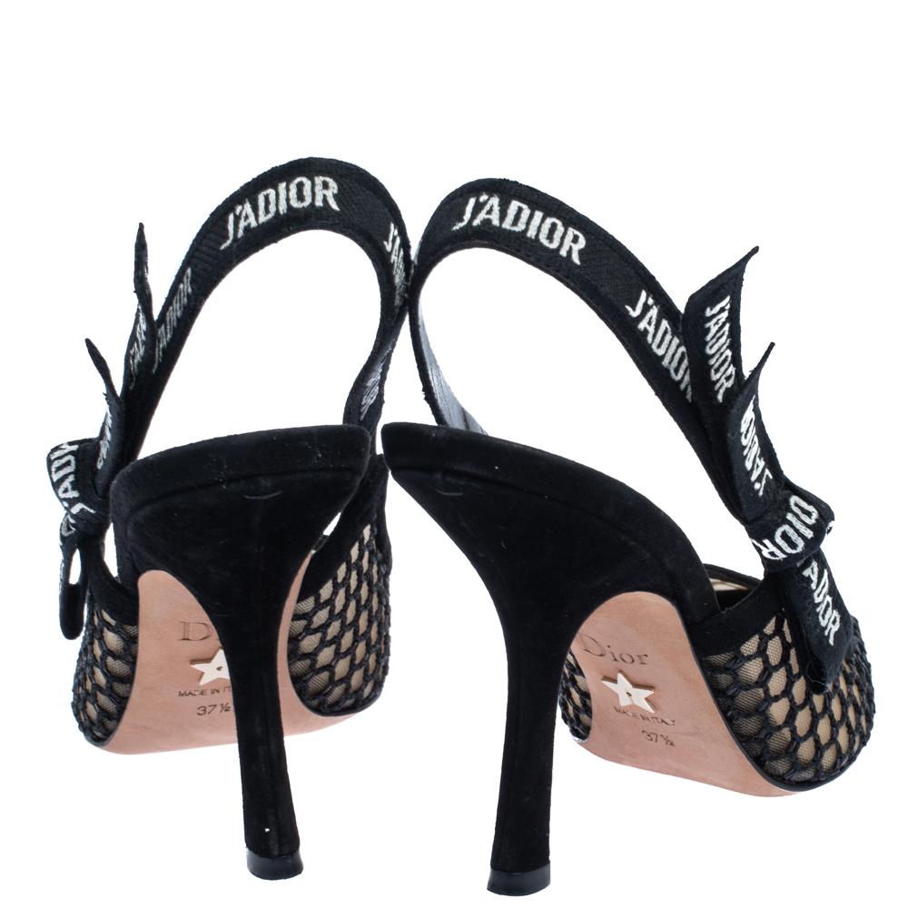 Dior Balck Mesh bestickte Schleife J'Adior Slingback-Sandalen Größe 37,5 im Zustand „Gut“ in Dubai, Al Qouz 2