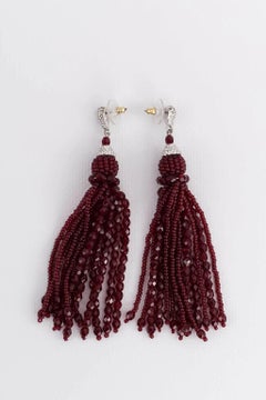 Dior Beaded Silver metal Earrings Set with Rhinestones and Beaded Tassels