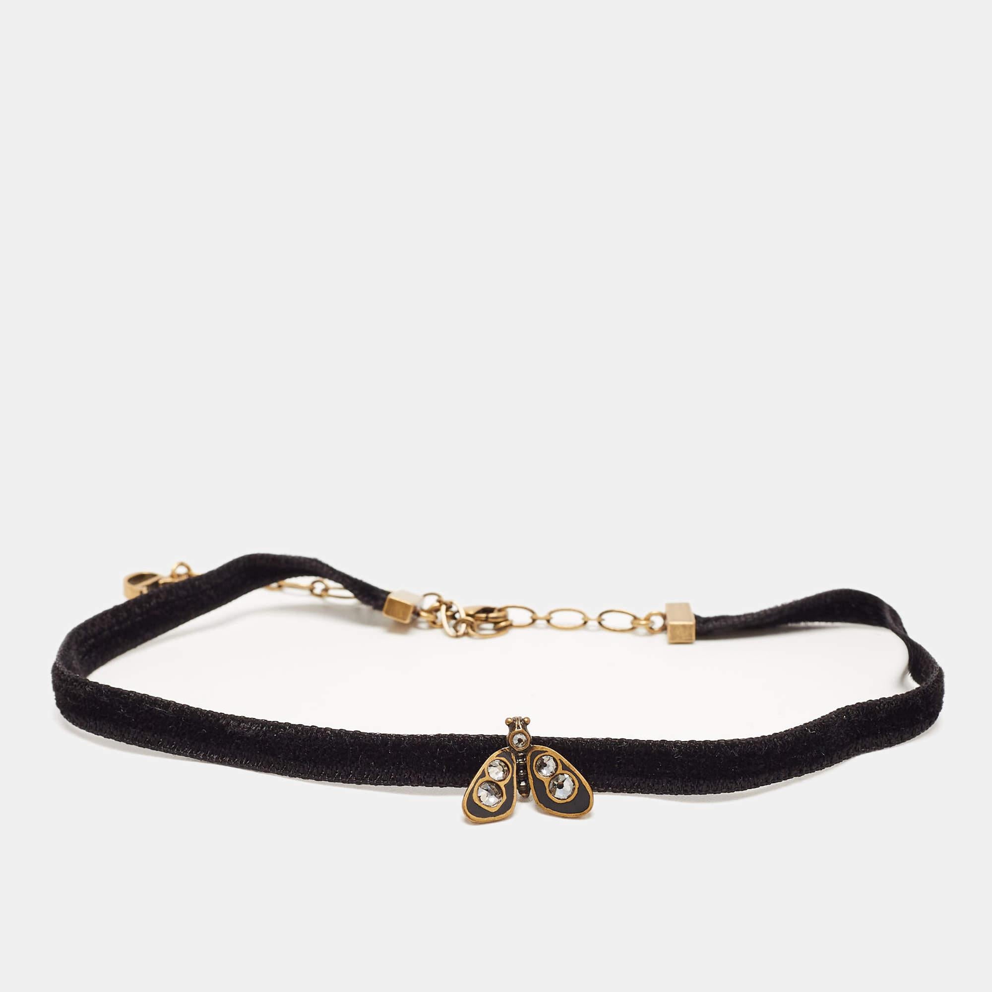 Dior Bee Crystal Enamel Gold Tone Fabric Choker Necklace In Good Condition In Dubai, Al Qouz 2