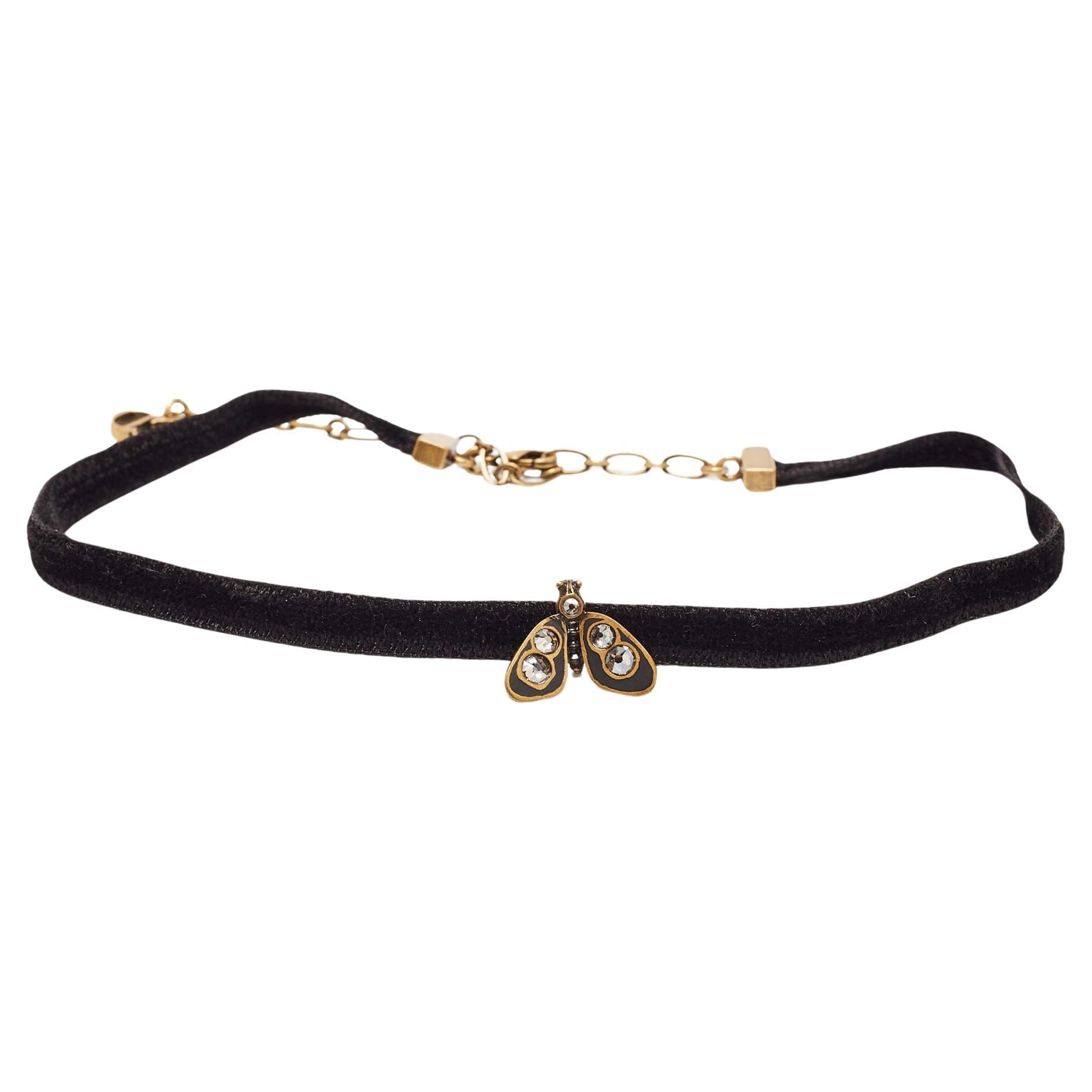 Dior Bee Crystal Enamel Gold Tone Fabric Choker Necklace