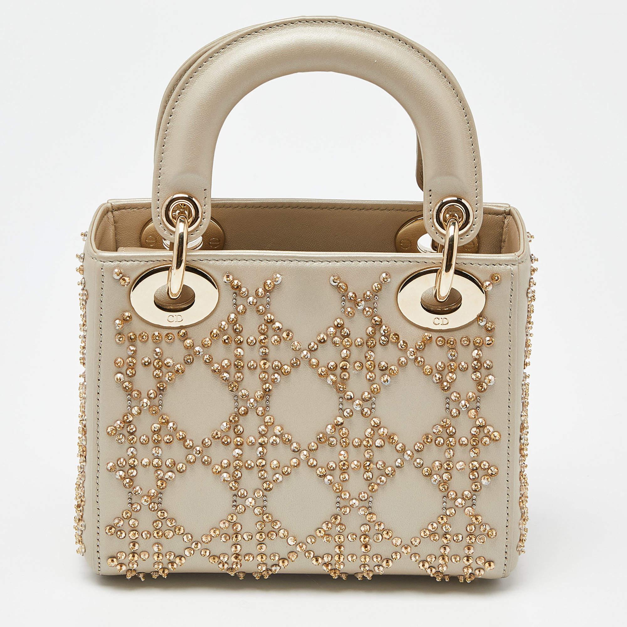 Women's Dior Beige Beaded Embellished Leather Mini Lady Dior Tote