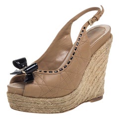 Dior Beige/Black Leather Espadrille Platform Wedge Sandals Size 35