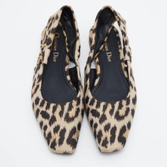 Dior Beige/Black Leopard Print Fabric Mizza Slingback Flat Pumps Size 37