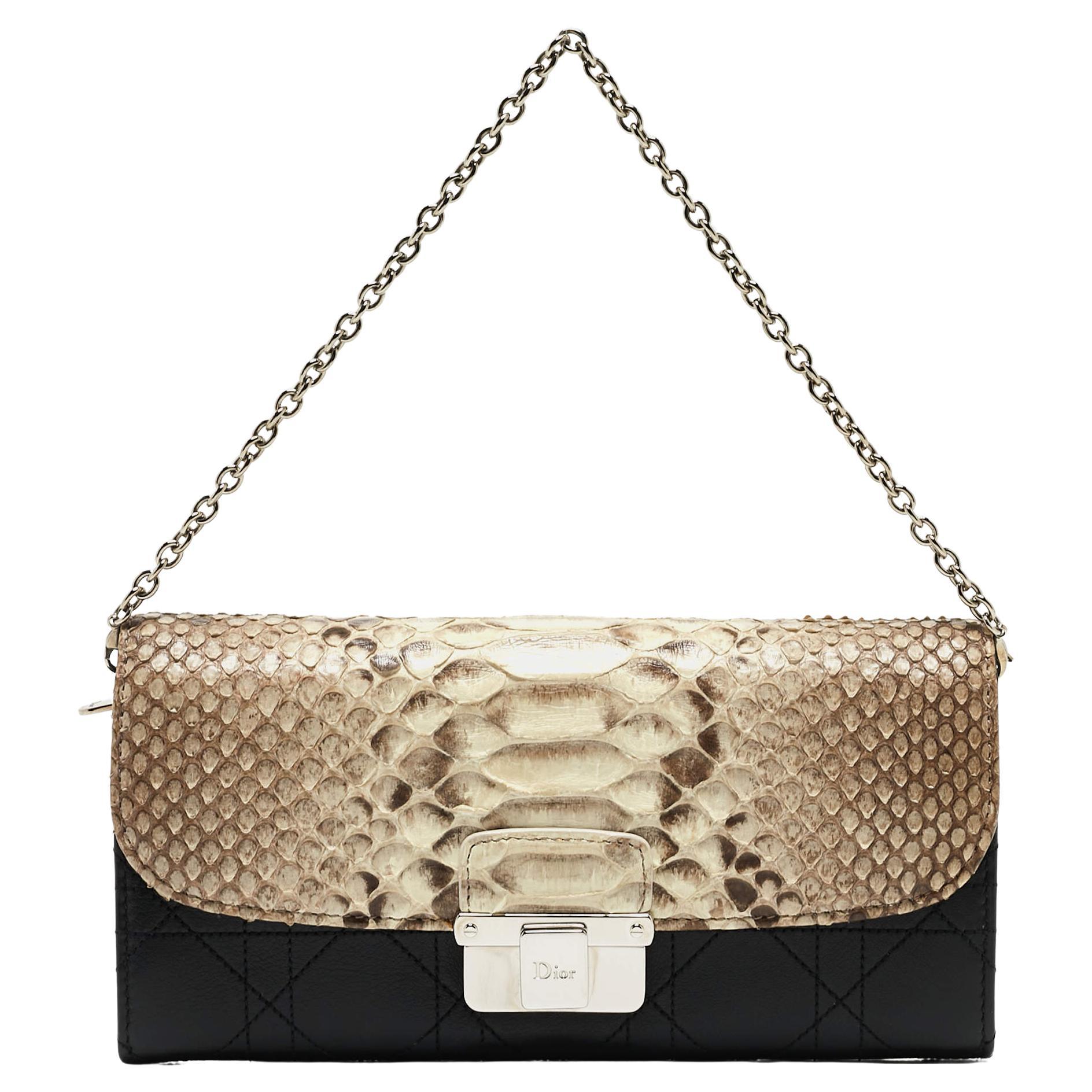 Dior Beige/Black Python and Cannage Leather Diorling Continental Wallet On Chain en vente