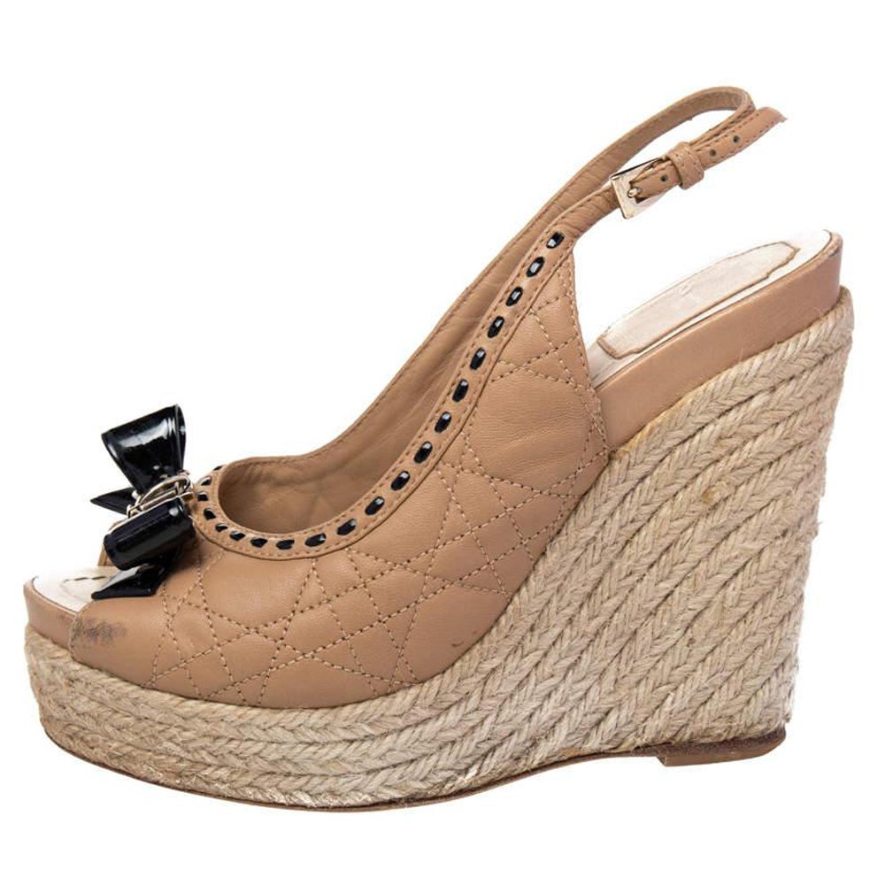 Dior Beige/Black Quilted And Patent Leather Platform Sandals Size 37