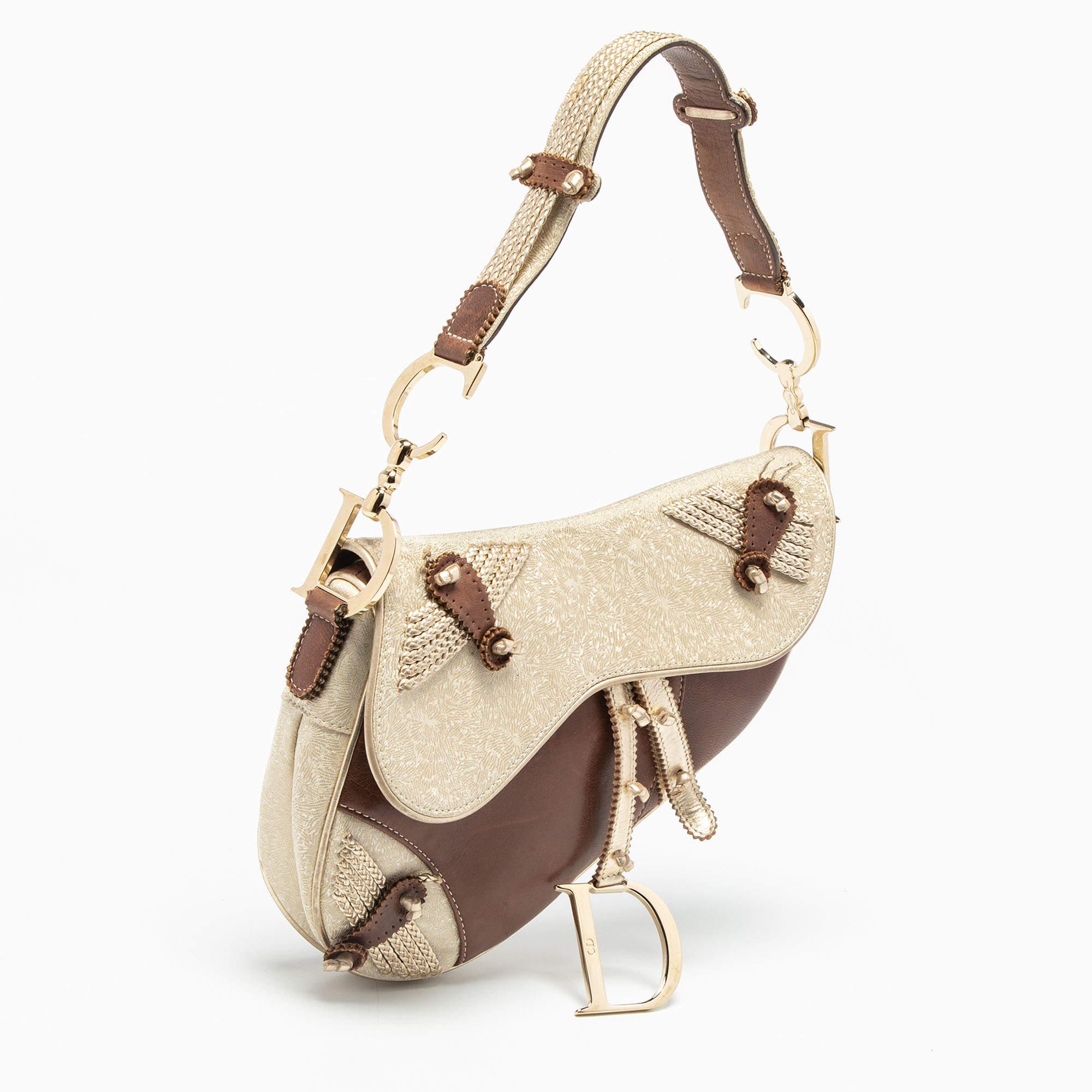 Women's Dior Beige/Brown Leather and Fabric Limited Edition Saddle Bag