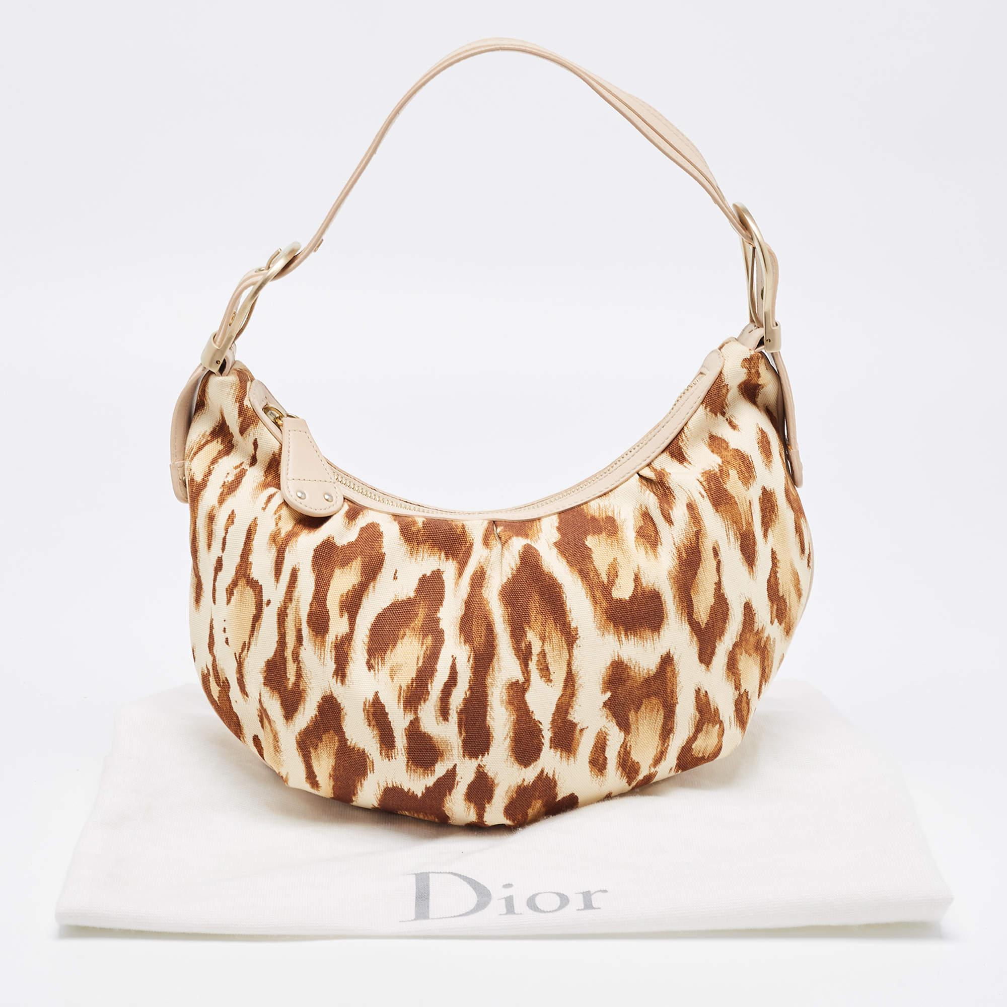Dior Beige/Brown Leopard Printed Fabric and Leather Buckle Handle Hobo 8