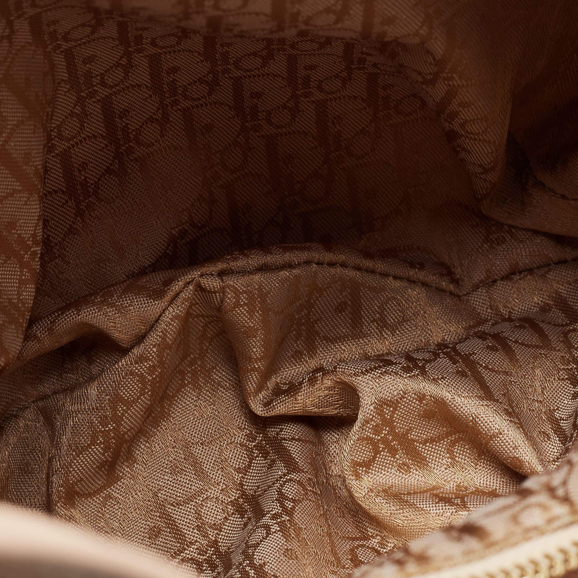 Dior Beige/Brown Leopard Printed Fabric and Leather Buckle Handle Hobo 5