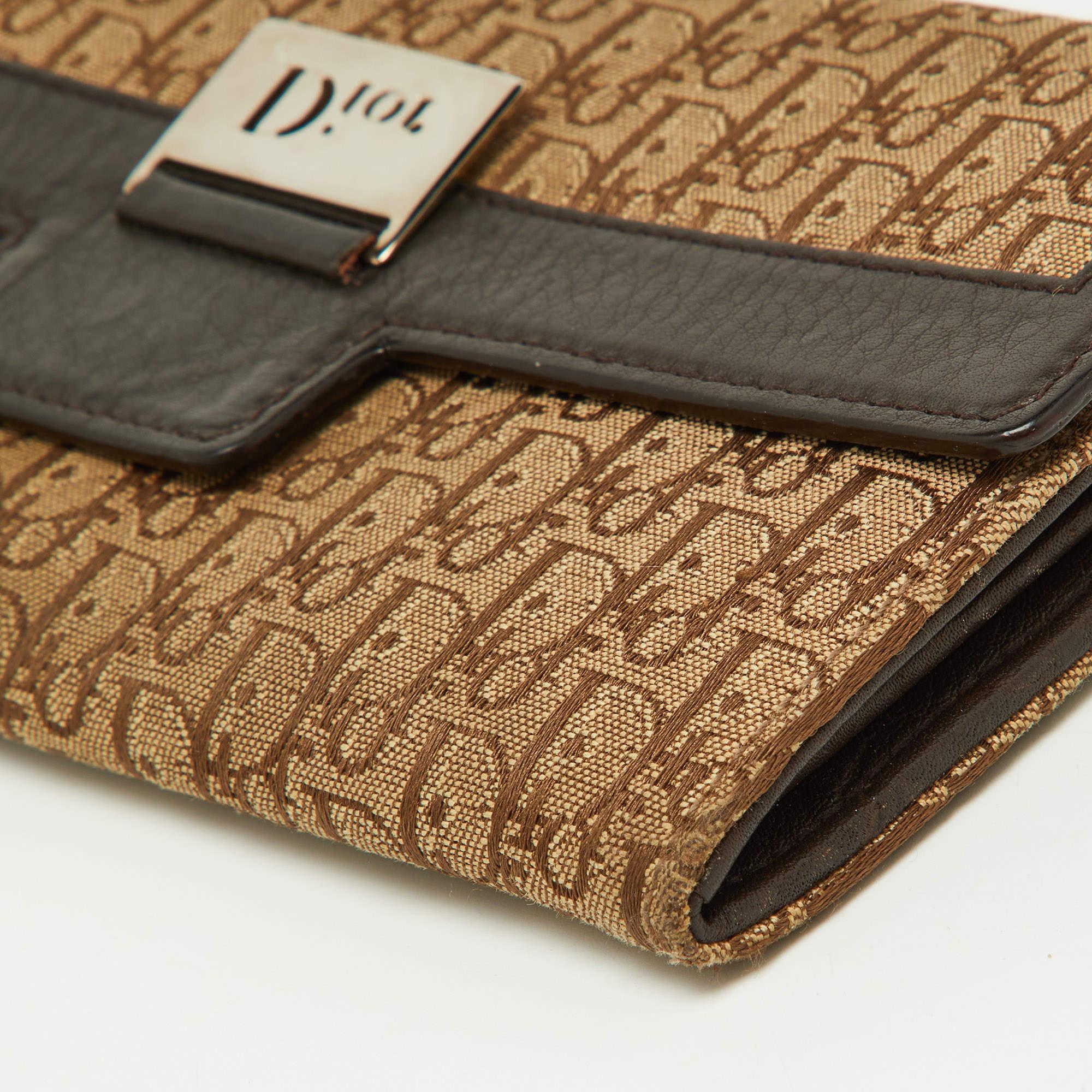 Dior Beige/Brown Oblique Canvas and Leather Flap Continental Wallet For Sale 2