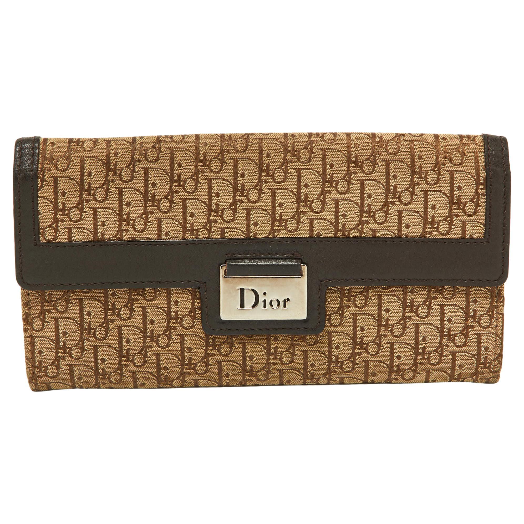 Dior Beige/Brown Oblique Canvas and Leather Flap Continental Wallet For Sale