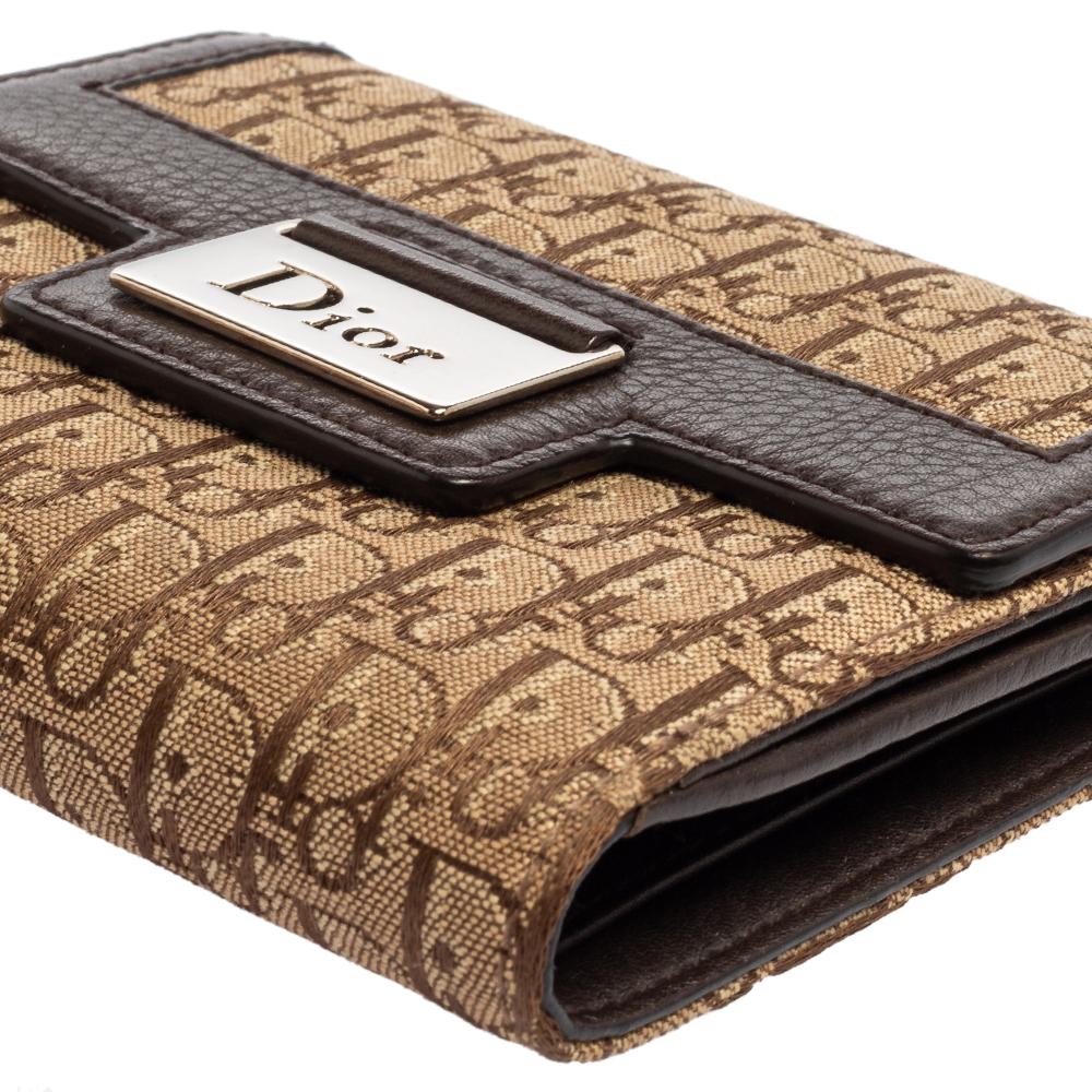 Dior Beige/Brown Oblique Canvas And Leather Street Chic Compact Wallet In Good Condition In Dubai, Al Qouz 2