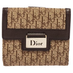 Dior - Portefeuille compact Street Chic en toile et cuir oblique beige/marron