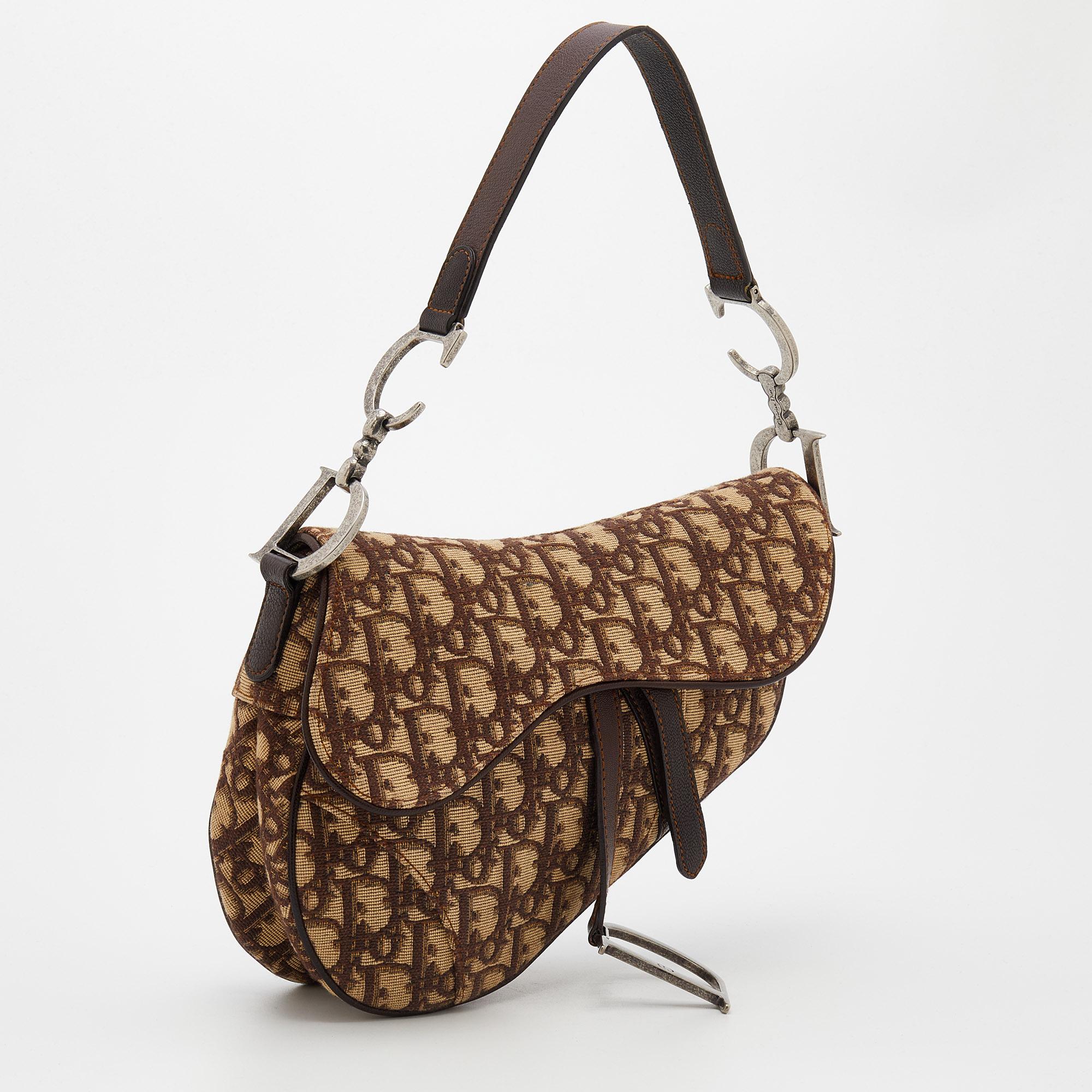 Women's Dior Beige/Brown Oblique Canvas Saddle Shoulder Bag