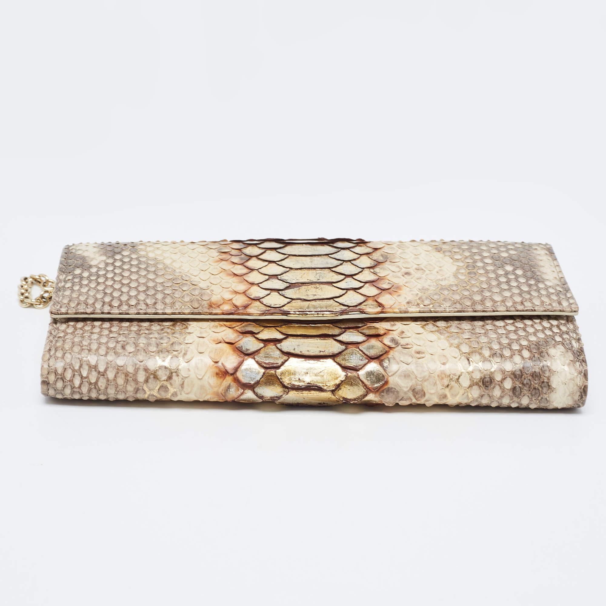 Portefeuille Lady Dior en cuir et python beige/brun sur chaîne en vente 6