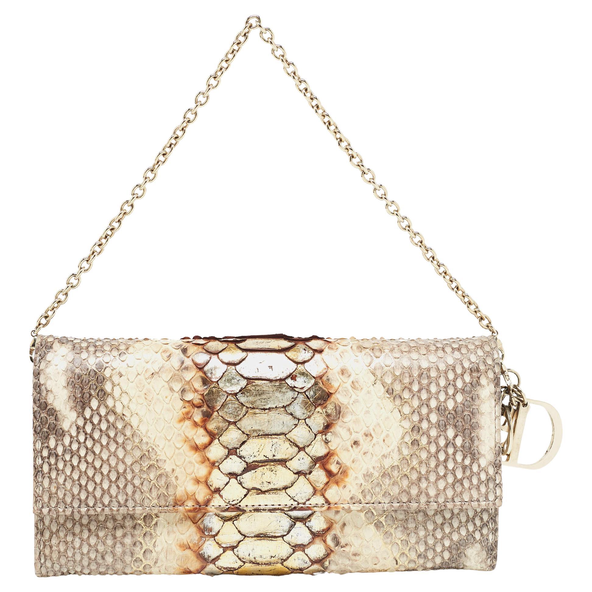 Dior Beige/Brown Python and Leather Lady Dior Wallet On Chain For Sale