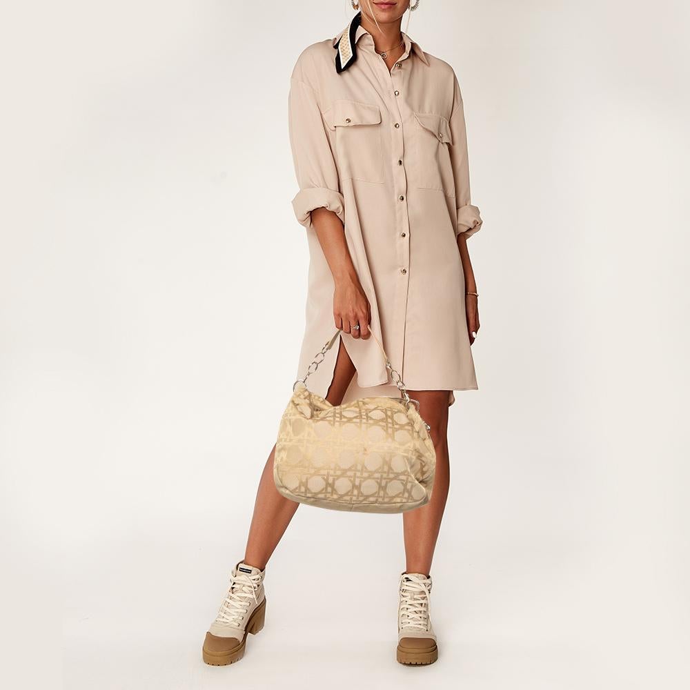 Dior Beige Cannage Canvas and Leather Lady Dior Hobo In Good Condition In Dubai, Al Qouz 2