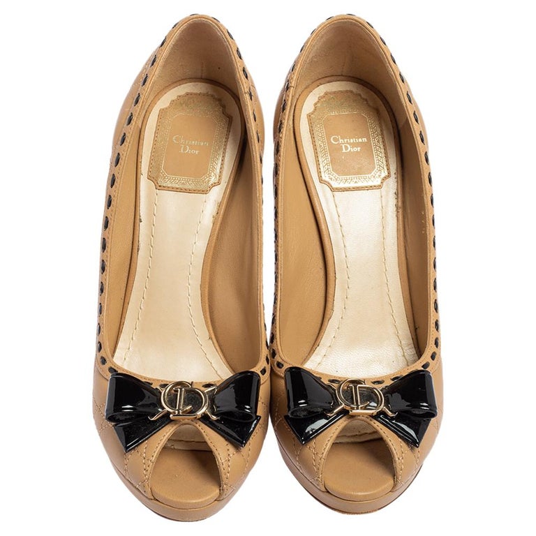 Dior Beige Cannage Leather Bow Peep Toe Pumps Size 37.5 at 1stDibs