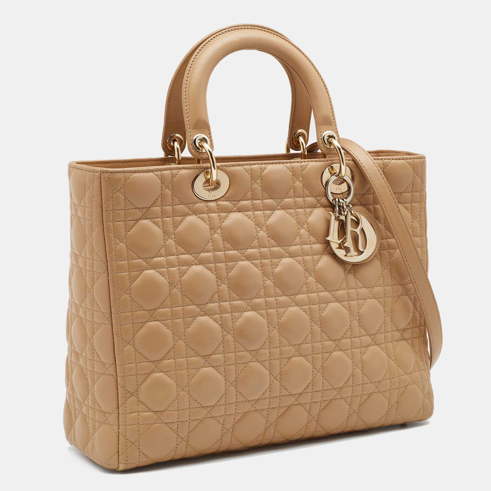Women's Dior Beige Cannage Leather Large Lady Dior Tote