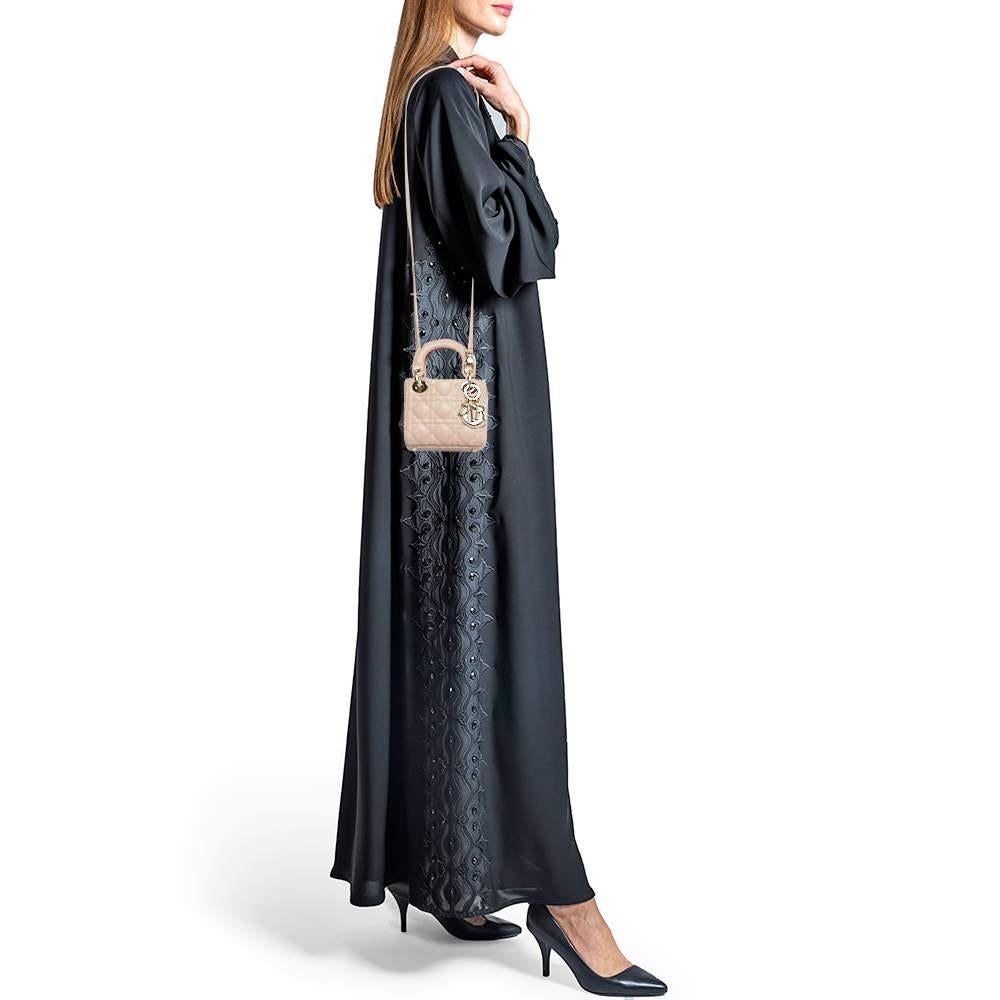 Dior Beige Cannage Leather Micro Lady Dior Tote In Excellent Condition In Dubai, Al Qouz 2