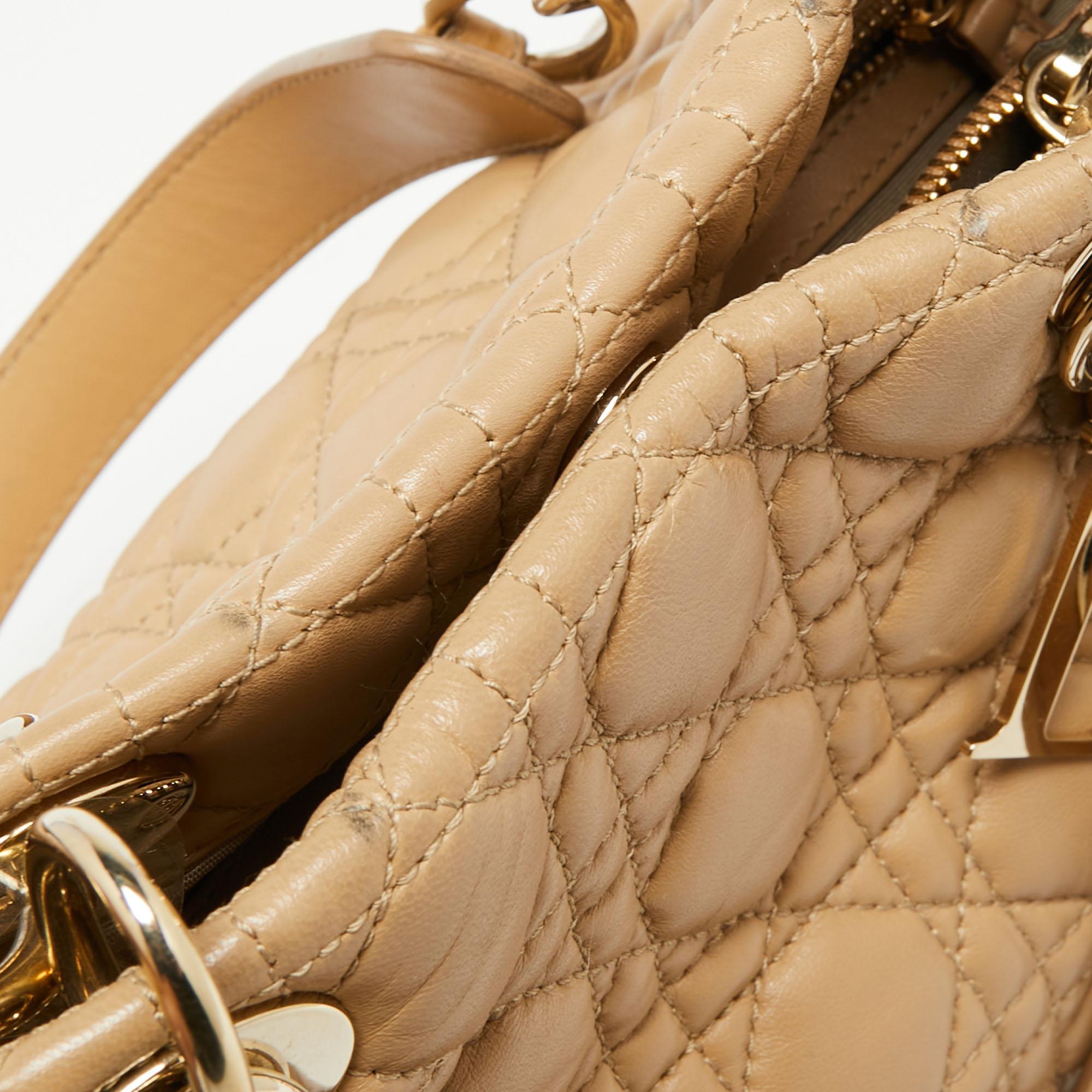 Dior Beige Cannage Leather Small Soft Lady Dior Tote In Good Condition In Dubai, Al Qouz 2