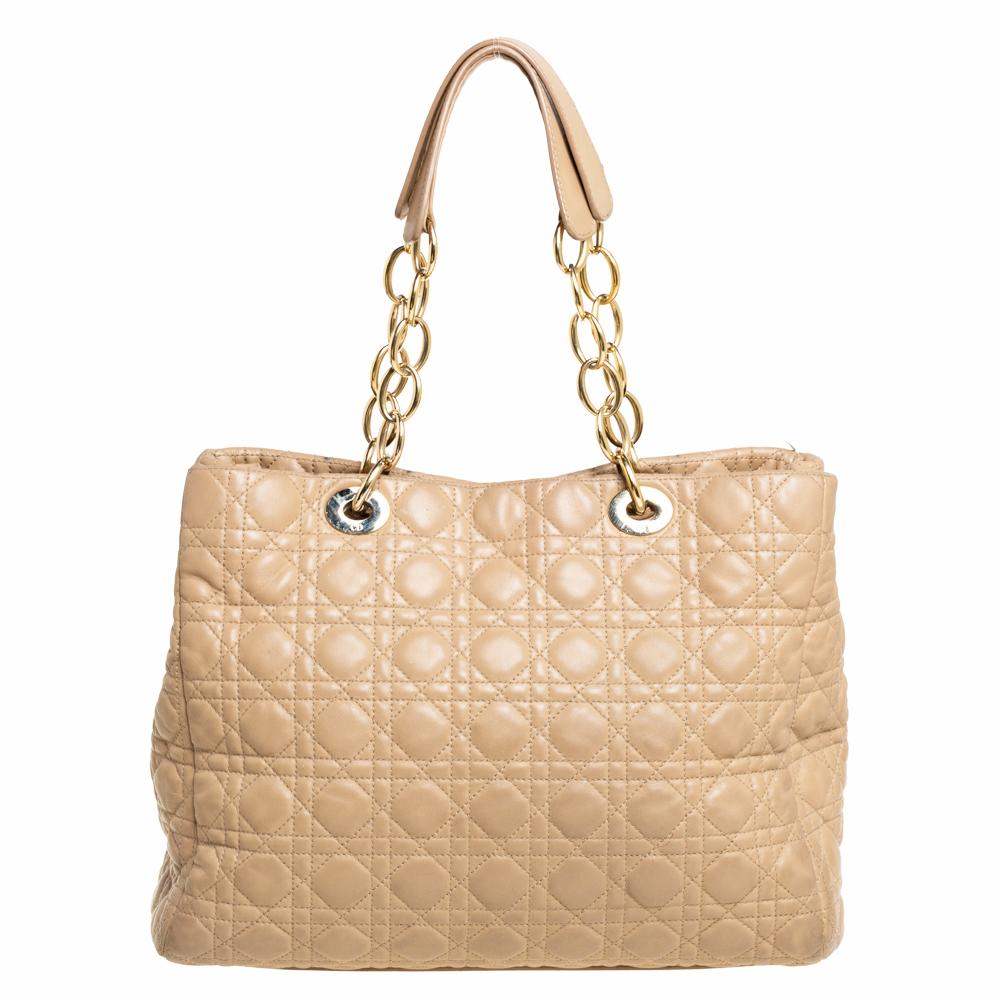 Dior Beige Cannage Leather Soft Lady Dior Shopper Tote In Good Condition In Dubai, Al Qouz 2