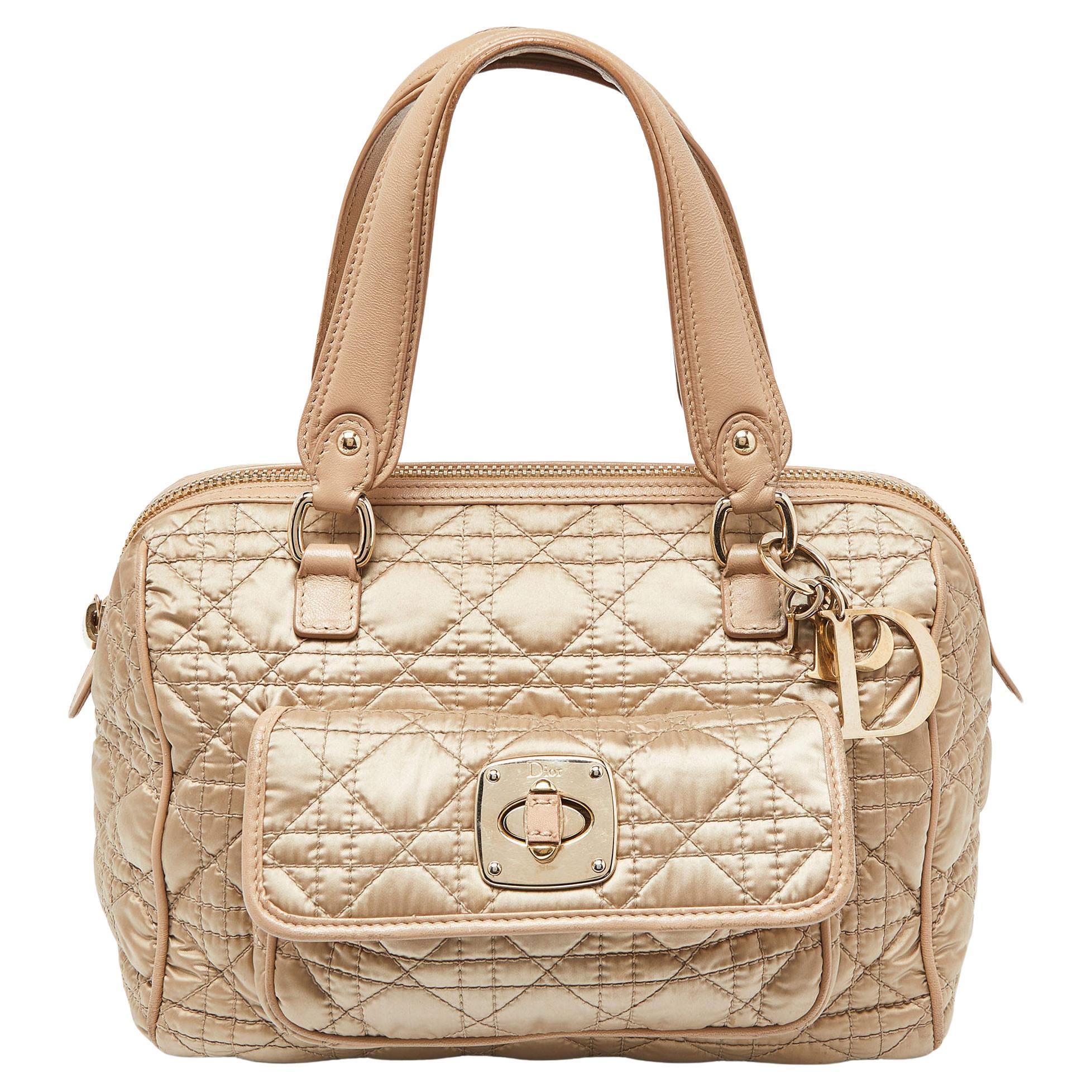 Dior Beige Cannage Nylon and Leather Charming Lock Satchel For Sale