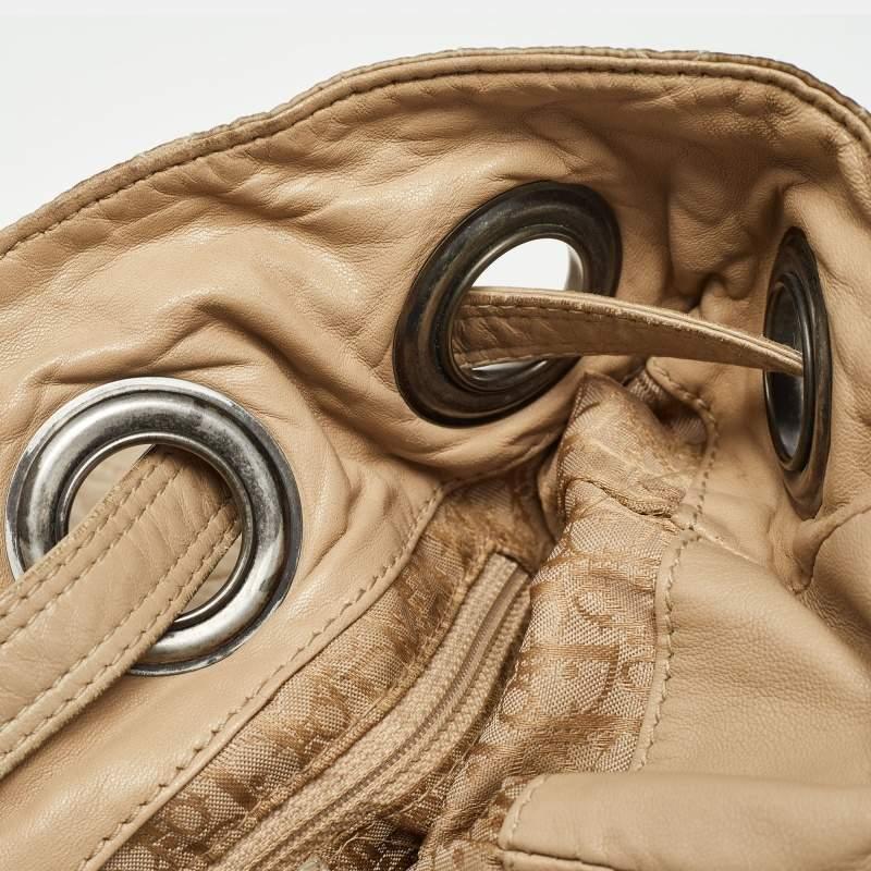 Dior Beige Cannage Nylon and Leather Drawstring Bag For Sale 4