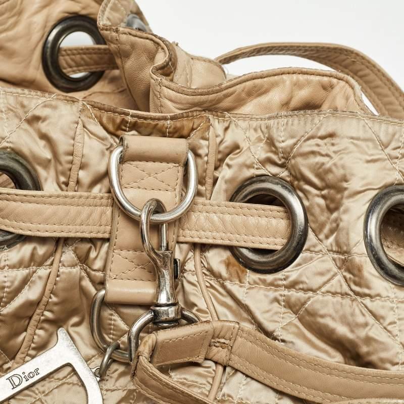 Dior Beige Cannage Nylon and Leather Drawstring Bag For Sale 5