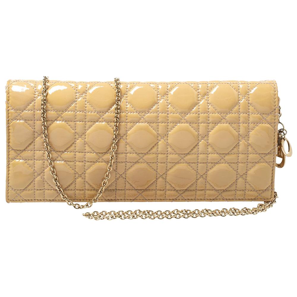 Dior Beige Cannage Patent Leather Lady Dior Chain Clutch