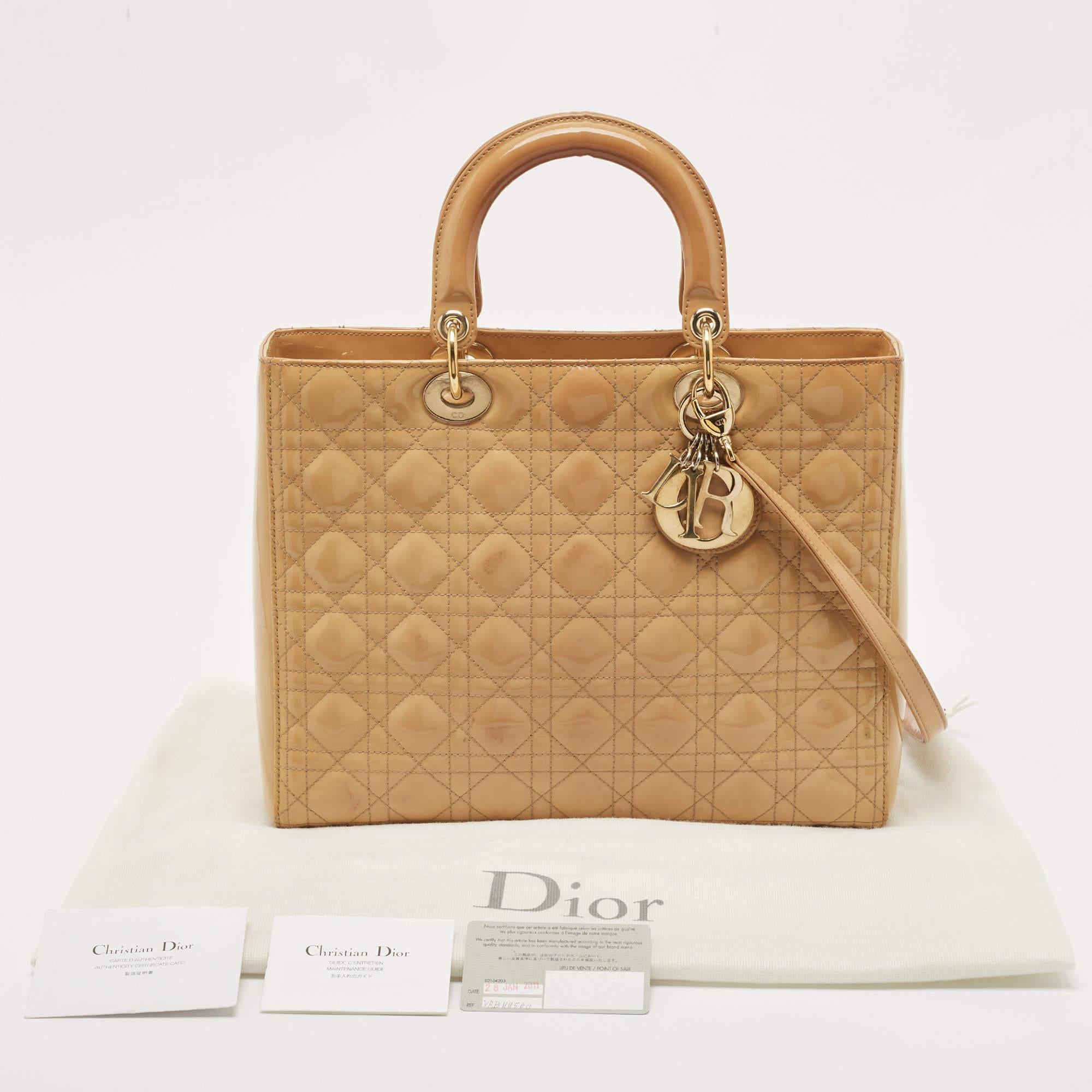 Dior Beige Cannage Patent Leather Large Lady Dior Tote 10