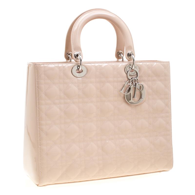 Dior Beige Cannage Patent Leather Large Lady Dior Tote In Good Condition In Dubai, Al Qouz 2