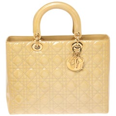 Dior Beige Cannage Patent Leather Large Lady Dior Tote