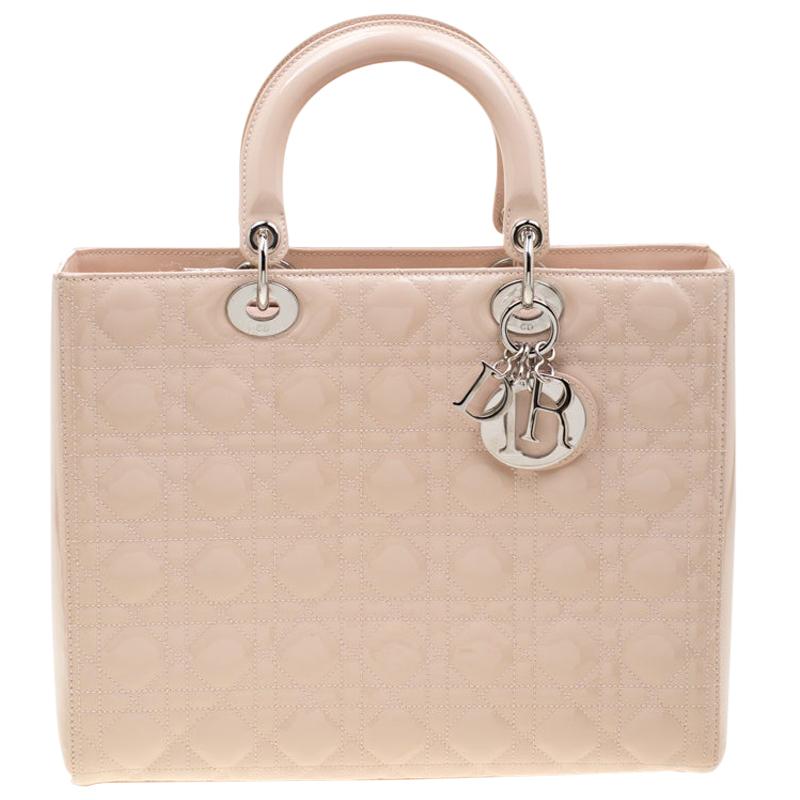 Dior Beige Cannage Patent Leather Large Lady Dior Tote