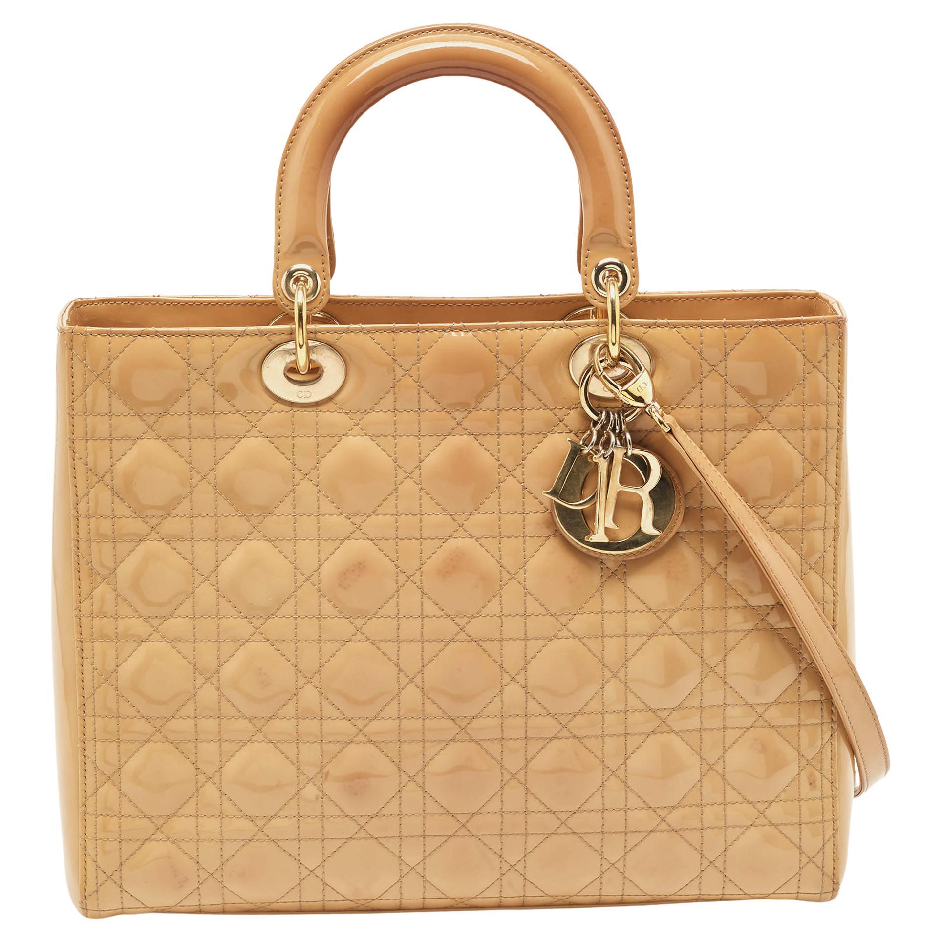 Dior Beige Cannage Patent Leather Large Lady Dior Tote For Sale
