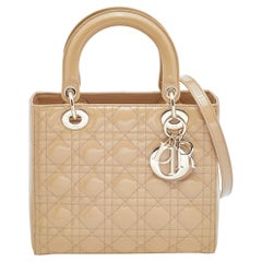 Dior Beige Cannage Patent Leather Medium Lady Dior Tote
