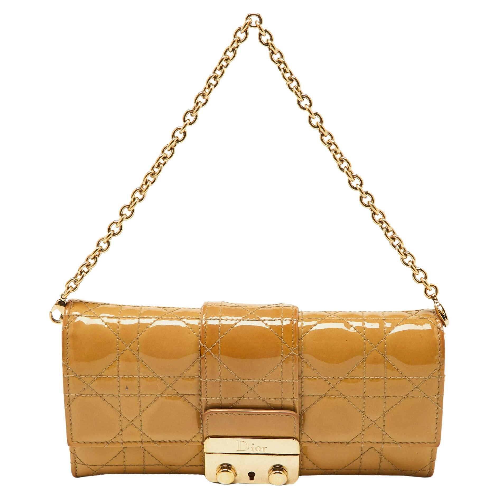 Dior Beige Cannage Patent Leather New Lock Wallet on Chain For Sale