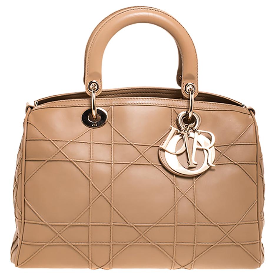 Dior Beige Cannage Quilted Leather Granville Polochon Satchel