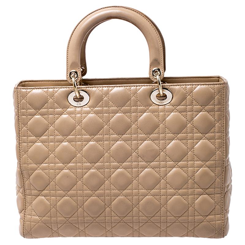 Dior Beige Cannage Quilted Leather Large Lady Dior Tote In Good Condition In Dubai, Al Qouz 2