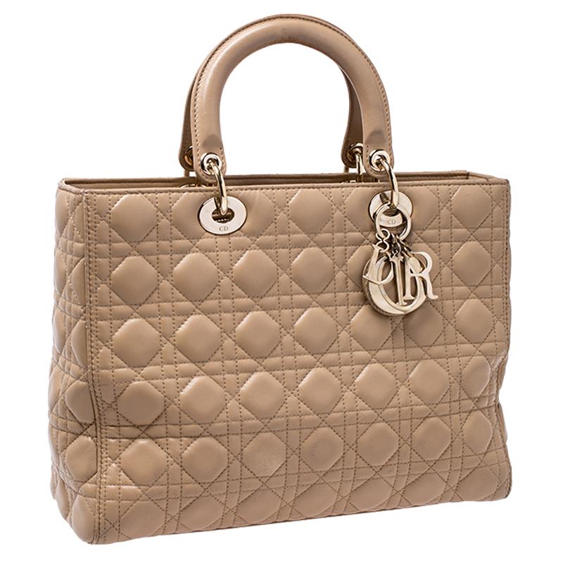 Women's Dior Beige Cannage Quilted Leather Large Lady Dior Tote